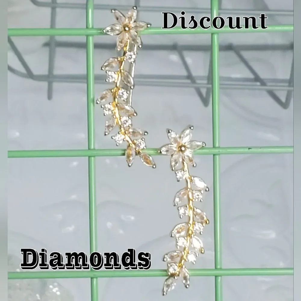 Clear White Moisanitte Ear Climber Earrings on 18K Yellow Gold over 925 Silver